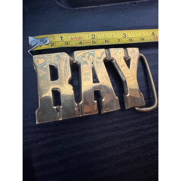 Vintage 70s RAY Solid Brass Belt Buckle Western Retro Gold Block - Picture 1 of 6
